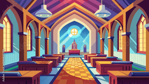 Vector art of inside a vibrant church with rows of pews and stained glass windows