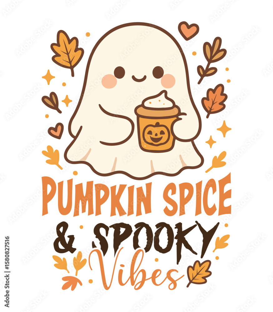 Fototapeta premium Pumpkin Spice And Spooky Vibes - Spooky Season T-shirt Vector, Funny Halloween Illustration, Cute Ghost Clipart, Halloween Ghoul Design, Humor Sayings 