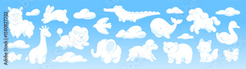 White clouds animal shapes. Funny cartoon animals cloudy design. Kids imagination adorable characters, sheep bear giraffe pony, racy vector set