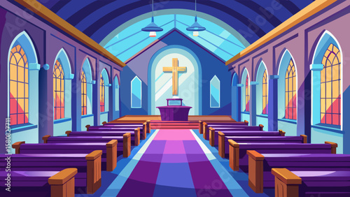 Vector art of a grand church interior with purple pews and a bright altar