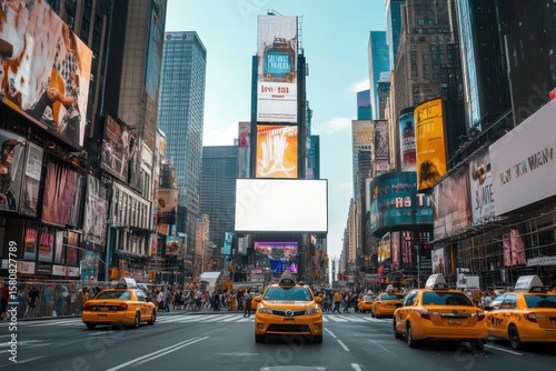 New York City Times Square blank billboard mockup, tall building street scene with clean white screen ready for digital or print ad display, busy and modern environment