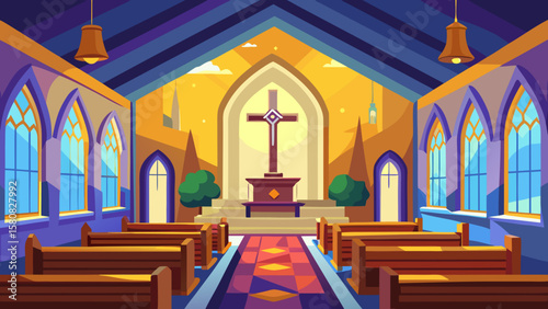 Vector art of church interior with pews, altar, and sunlight