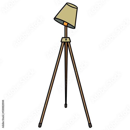Modern minimalist floor lamp with a tripod stand and fabric shade isolated on white background