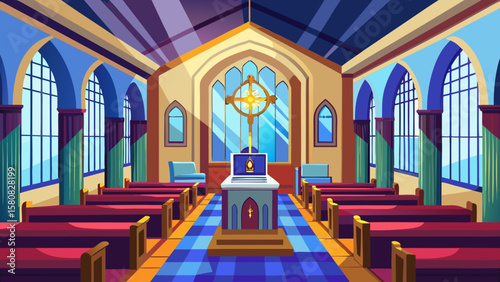 Vector art of church interior with altar, pews, and stained glass