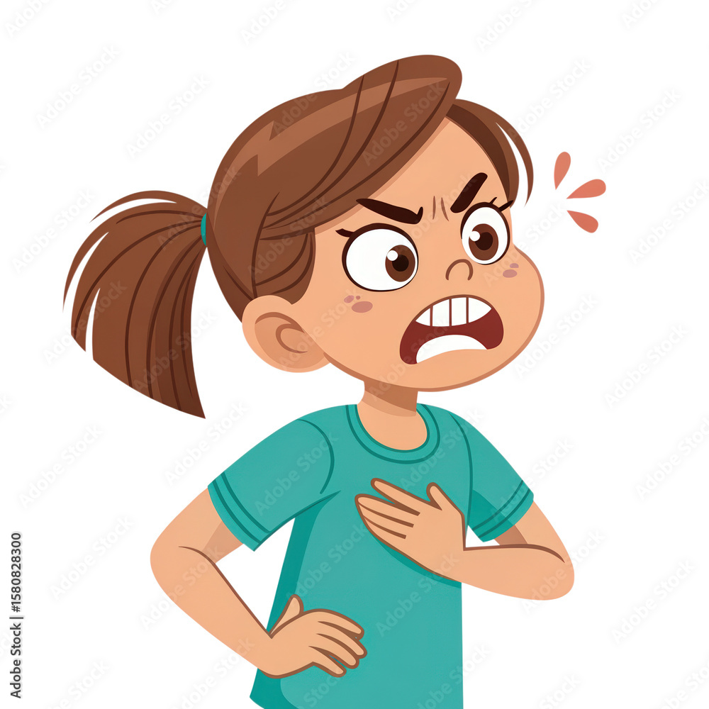 Obraz premium Angry Cartoon Girl Yelling with Hand on Chest – Emotional Expression Clipart for Kids Book or Storytelling