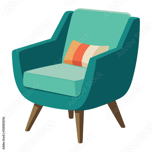 Comfortable modern armchair with wooden legs and plush cushion isolated on white background
