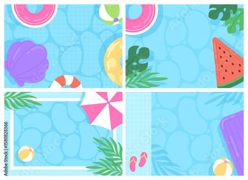 Swimming pool top view banners. Empty cartoon background with water surface, tropical leaves, inflatable rings and mattress. Seasonal vector posters