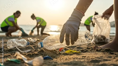 Volunteers cleaning up plastic waste on a beach