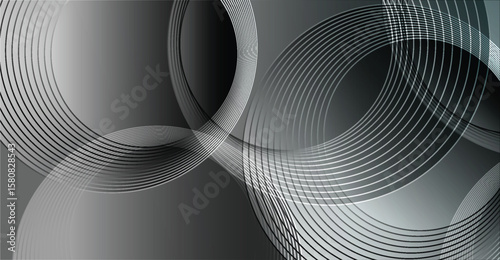 Abstract grayscale concentric circles design overlapping translucent rings dynamic flowing lines elegant monochrome pattern.