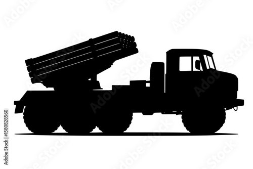 Silhouette of a military truck with rocket launchers