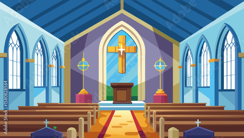 Vector art of a bright church interior with wooden pews and a large cross