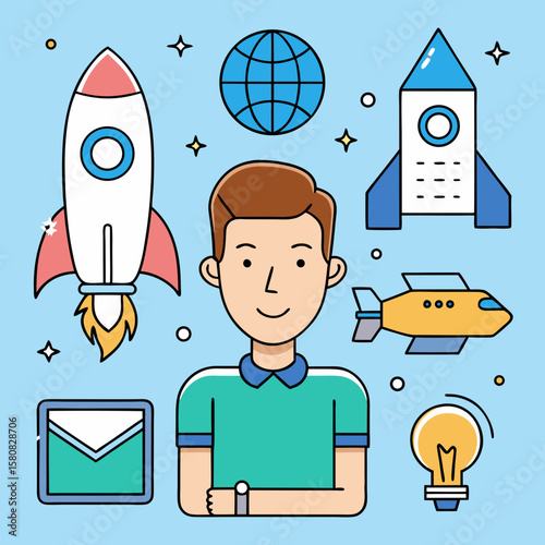 Young Entrepreneur with Startup Icons – Business Launch and Innovation Concept Illustration