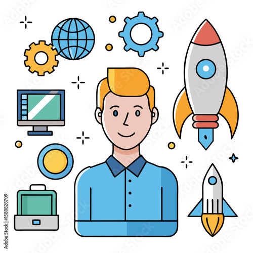 Young Entrepreneur with Startup Icons – Business Launch and Innovation Concept Illustration