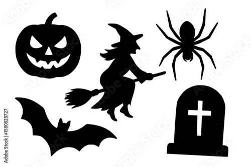 Halloween Silhouettes: Witch, Spider, Pumpkin, Bat, and Gravestone