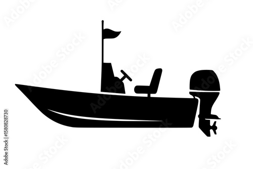 Silhouette of a motorboat with flag on a white background