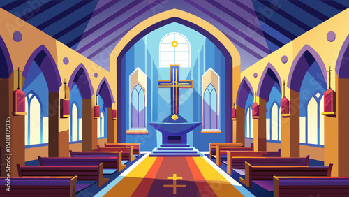 Vector art of an inviting church interior with a cross and pews
