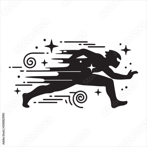 Dynamic silhouette of a speeding superhero with swirling motion trails