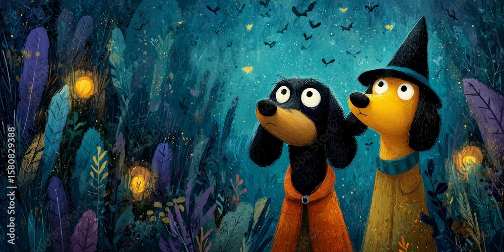 Fototapeta premium Two Dachshunds in Halloween Costumes in a Magical Forest at Night