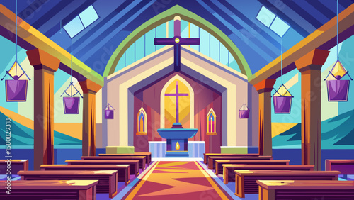 Vector art of modern church interior with colorful stained glass windows
