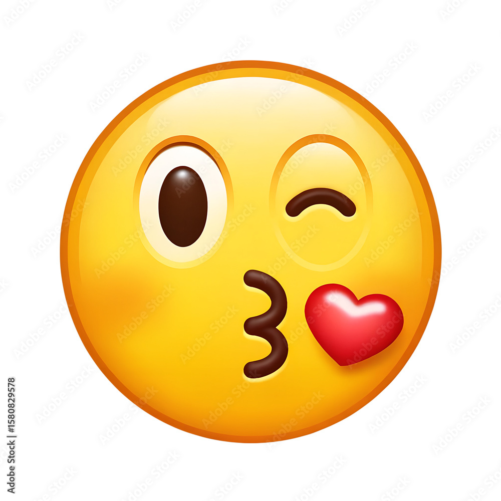 Fototapeta premium Cheerful yellow emoji winking, blowing kiss next to bright red heart on transparent backdrop, expressing playful love