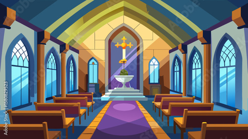 Vector art of inside a beautiful church with pews and an altar