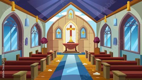 Vector art of a view of a church interior with wooden pews and altar