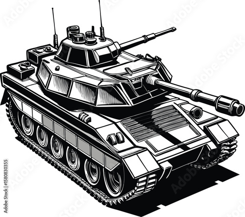 Green Russian military tank model with heavy armored cannon, isolated on white for battle