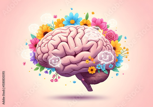 Colorful human brain illustration blooming with flowers, symbolizing a healthy mind, intelligence, and the concept of growth in neurology