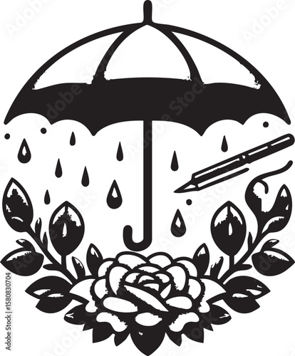 Poetic illustration of an umbrella protecting a rose from rain, a symbol of love, safety and art.