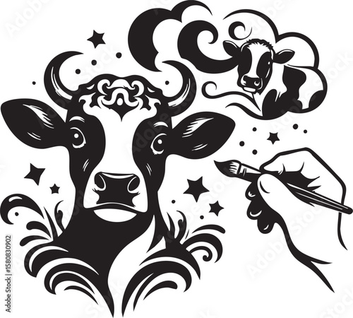 Creative concept of a dairy cow's dream, hand painting a magical farm animal mascot, vector logo.