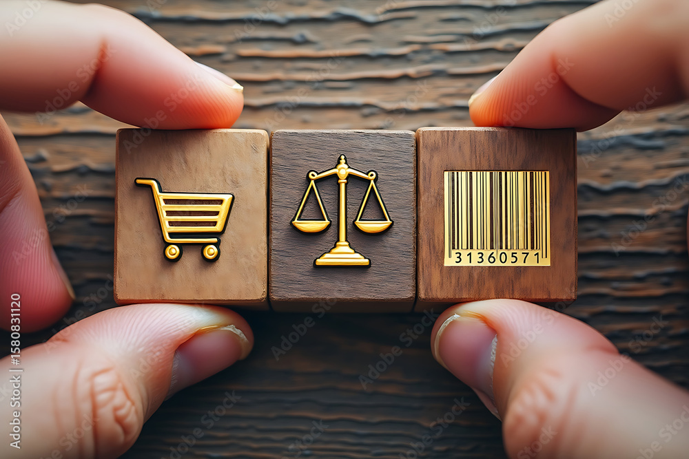 Fototapeta premium Symbolic Representation of E-Commerce Legalities with Shopping Cart Scales and Barcode Icons on Wooden Blocks