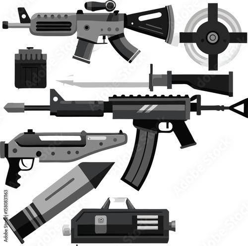 Assault rifle vector illustration: isolated black military weapon with a metal barrel and trigger