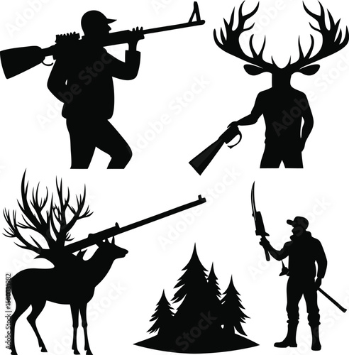 Black vector silhouettes illustrate diverse figures, including soldiers, a rifle-carrying hunter, and other people engaged in sport and war