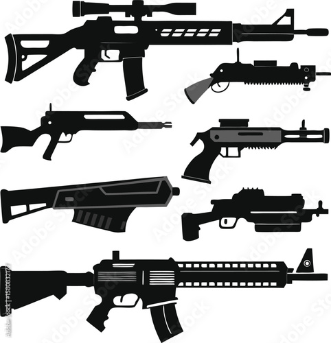 Vector illustration set of gun silhouettes including rifle, sniper, pistol, and machine gun, perfect for military and war-related designs