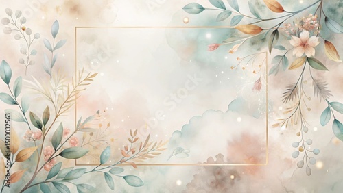 Serene Botanical Watercolor Frame A Delicate Arrangement of Pastel Flowers and Leaves with a Golden Rectangular Border on a Soft, Dreamy Background