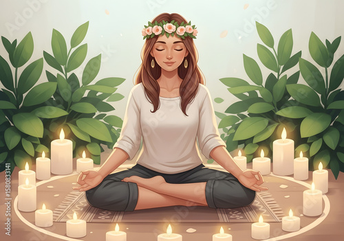 Woman sitting in yoga lotus pose meditating and relaxing at home
