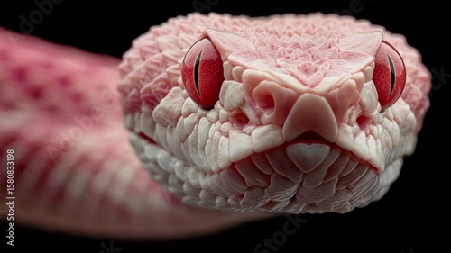 Rose-colored Venom: A captivating macro shot of a striking, rose-hued snake. Eyes full of curiosity gaze forward against the darkness. The detail is crisp and the colors, brilliant.