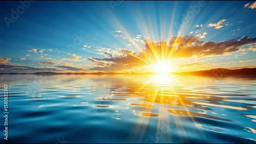 Vibrant sunrise over calm water, with golden rays reflecting on the surface, creating a serene atmosphere and showcasing the beauty of nature at dawn