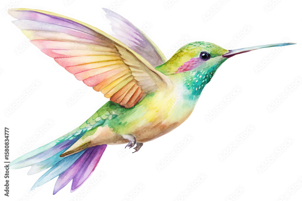 Fototapeta premium Vibrant watercolor hummingbird in flight with rainbow wings isolated on transparent background