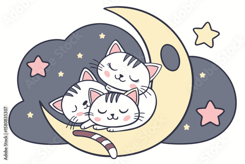 Whimsical sleeping cats with crescent moons and a dreamy atmosphere