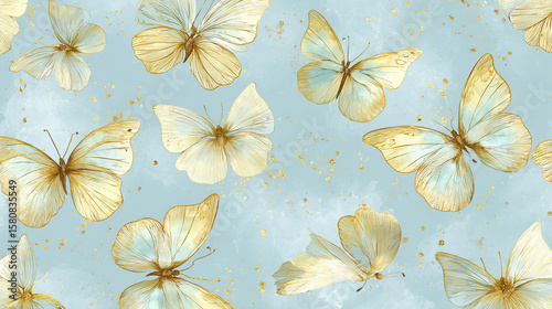 Beautiful butterfly pattern background design with gold accents and light blue