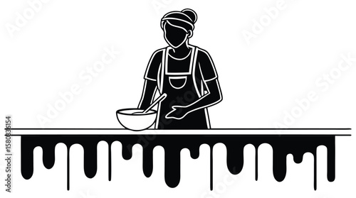 Silhouette of Woman Cooking in Kitchen with Artistic Drip Effect