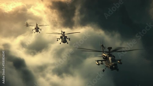 Apache Helicopter Squadron in Dramatic Cloudscape