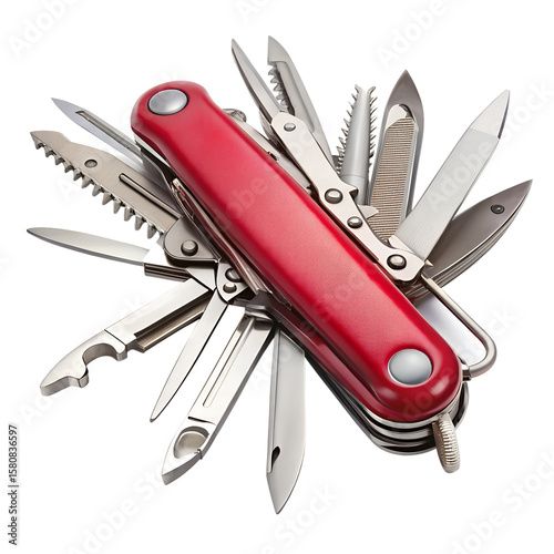 Multi-tool knife Swiss army red handle isolated on transparent background