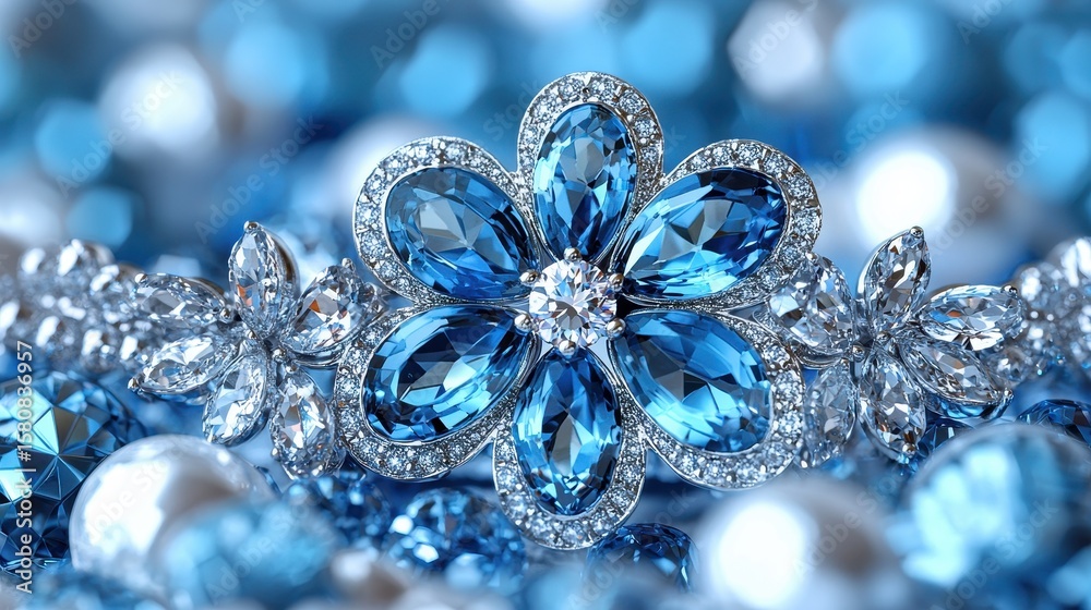 Fototapeta premium Blue Gemstone Flower Brooch on Sparkling Beads