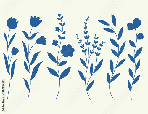 Hand drawn floral compositions. Elegant frame of flowers, stems and leaves. Trendy botanical elements. Vector illustration for logo or tattoo, save the date card, wedding invitation