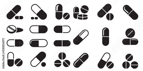 set of black vector medicine and pills vector silhouettes	