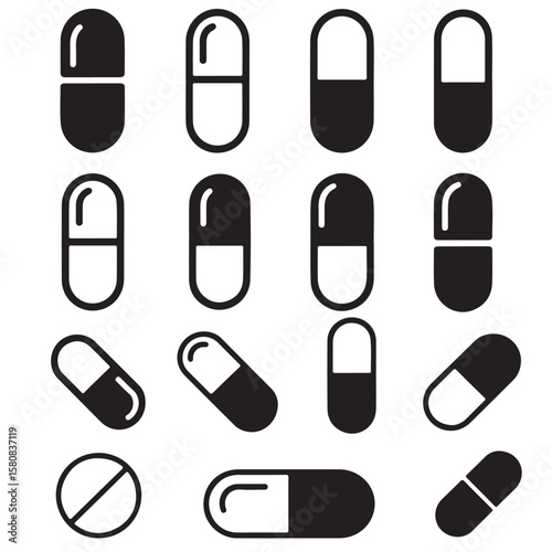 set of black vector medicine and pills vector silhouettes	