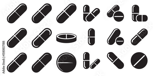 set of black vector medicine and pills vector silhouettes	