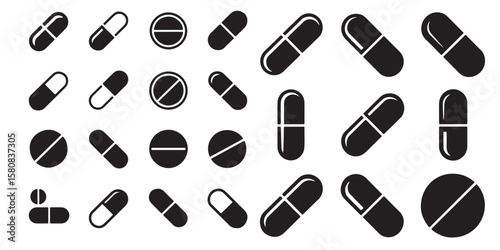 set of black vector medicine and pills vector silhouettes	